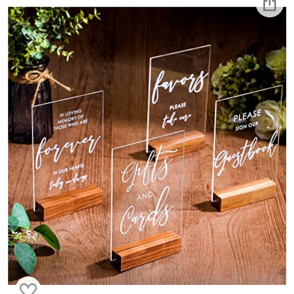 4 piece acrylic wedding reception signs with wood stand